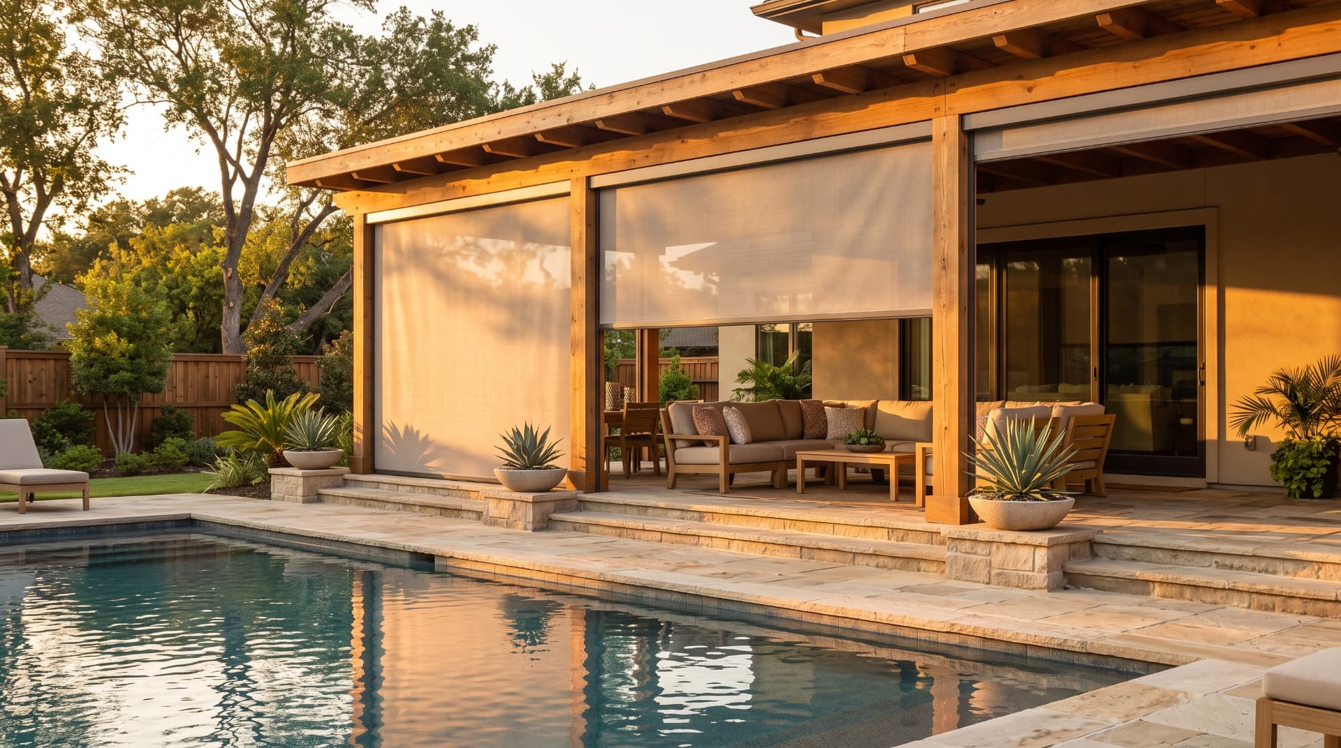 Poolside patio shade illustration for North Texas: retractable shades beside a swimming pool in golden-hour sunlight