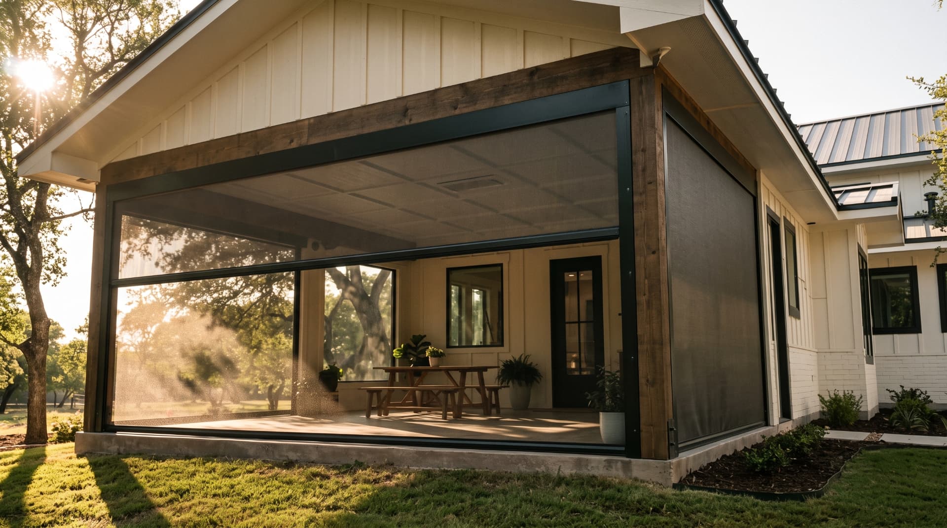 Screened patio illustration for Plano, TX: dark retractable screens around a covered patio