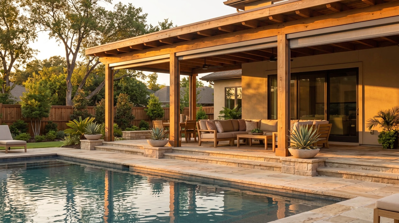 Illustrative poolside patio with screens fully raised